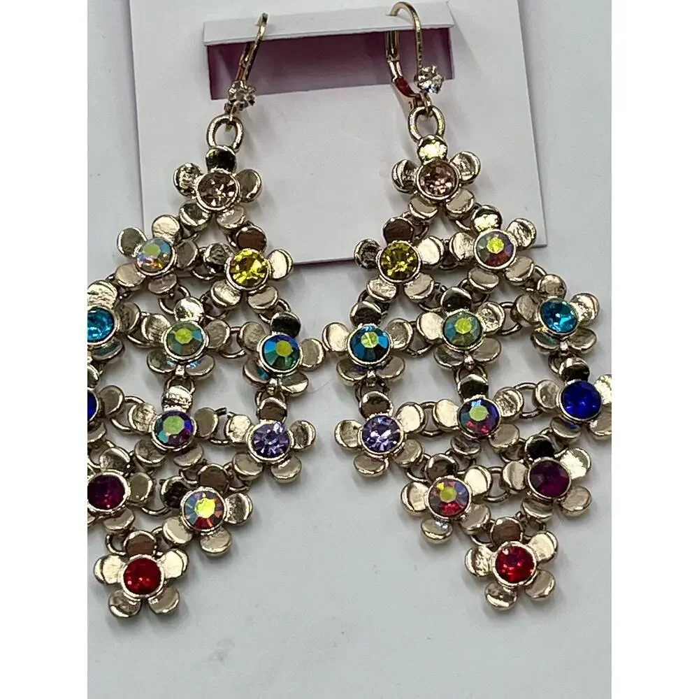 Betsey Johnson Gold Tone Love Fest Flower & Crystal Chandelier Drop Earrings New